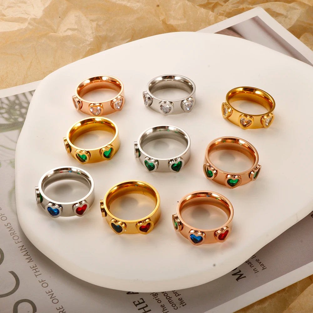 Rose Gold Color Girl Women Ring Stainless Steel Charm Finger Rings Sweet Heart Trendy Female Ring Jewelry Gift Multi-size