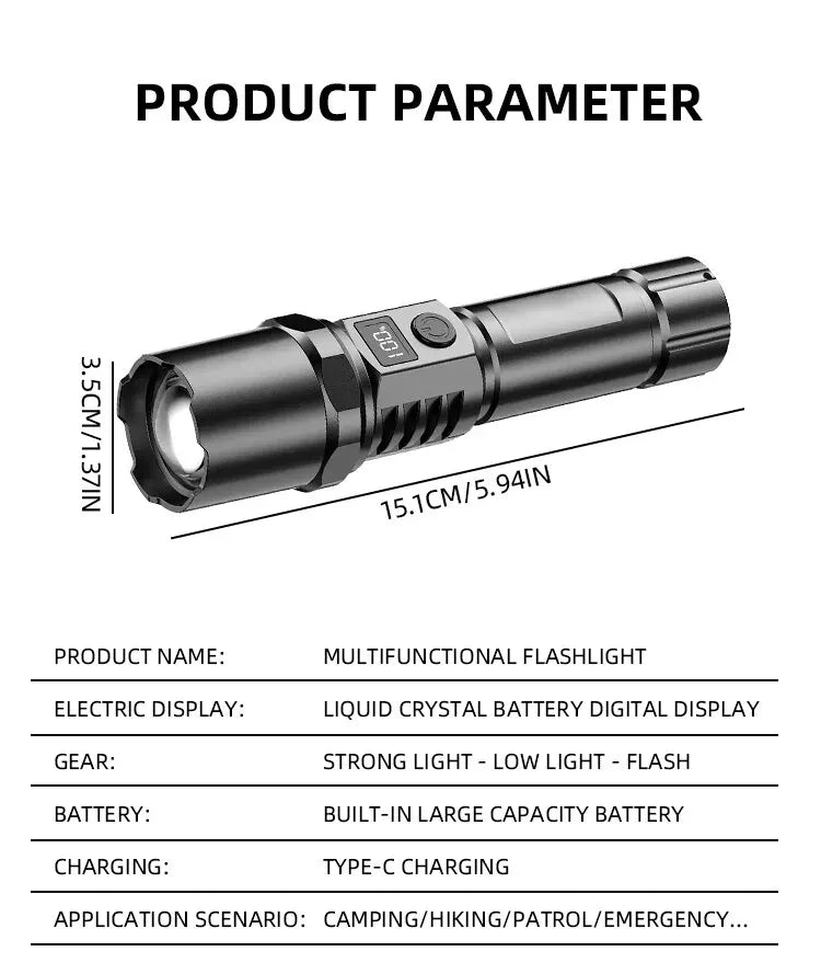 Linterna LED XHP100 de alta potencia, recargable, retráctil, con zoom digital, luz de mano USB para acampar, al aire libre y emergencias