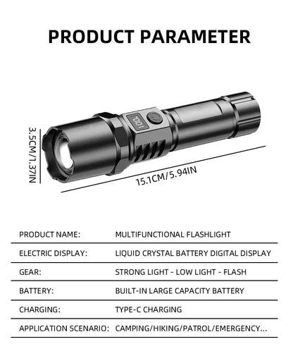 Linterna LED XHP100 de alta potencia, recargable, retráctil, con zoom digital, luz de mano USB para acampar, al aire libre y emergencias