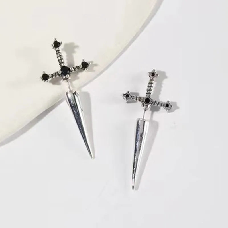 2pcs Gothic Kinitial Sword Stud Earrings, Vintage Cool Punk Crystal Ear Jacket Goth Dagger Earrings Jewelry Gift For Women