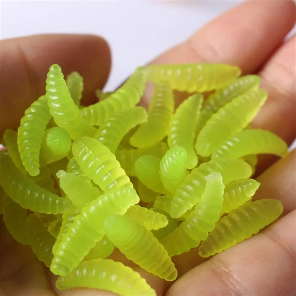 Promotion 50PCS 2cm 0.3g Maggot Grub Soft Fishing Lure Hooks Smell Worms Glow Shrimps Fish Lures