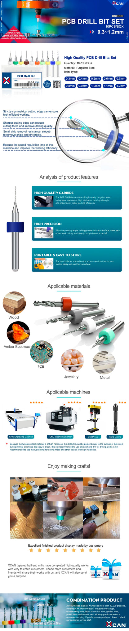 XCAN 10 piezas/juego de brocas mini para PCB de carburo de tungsteno de acero de 0,3 mm a 1,2 mm para máquina de brocas CNC para circuitos impresos