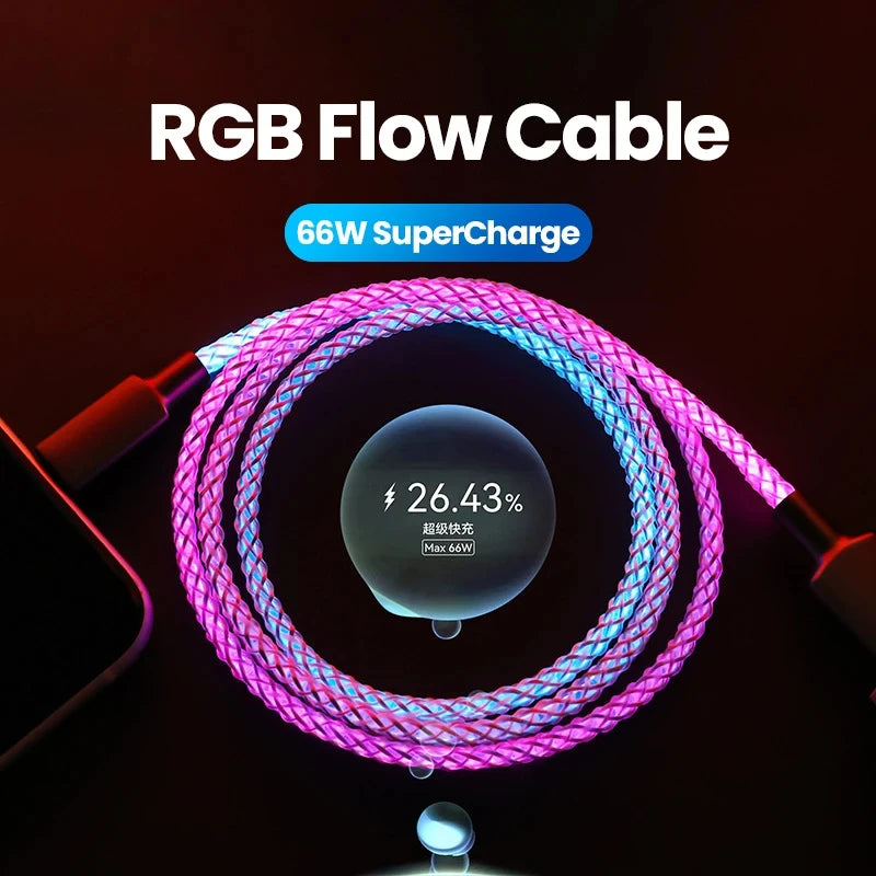 Fast Charging RGB Cable 100W Breathing Light 66W Type C USB C Data Cable for iPhone Samsung Huawei 30W Quick Charge for Xiaomi