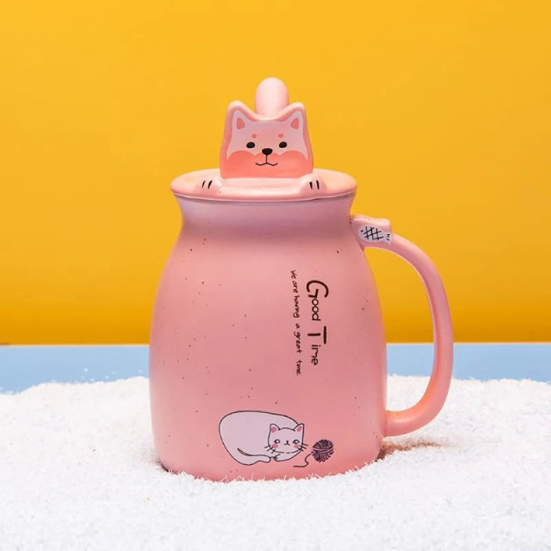 Taza creativa resistente al calor con forma de gato de colores, taza de dibujos animados de 450 ml con tapa, taza de cerámica para café con gatito, taza para niños, taza para beber de oficina, regalo