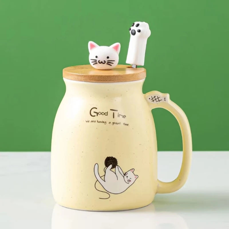 Taza creativa resistente al calor con forma de gato de colores, taza de dibujos animados de 450 ml con tapa, taza de cerámica para café con gatito, taza para niños, taza para beber de oficina, regalo