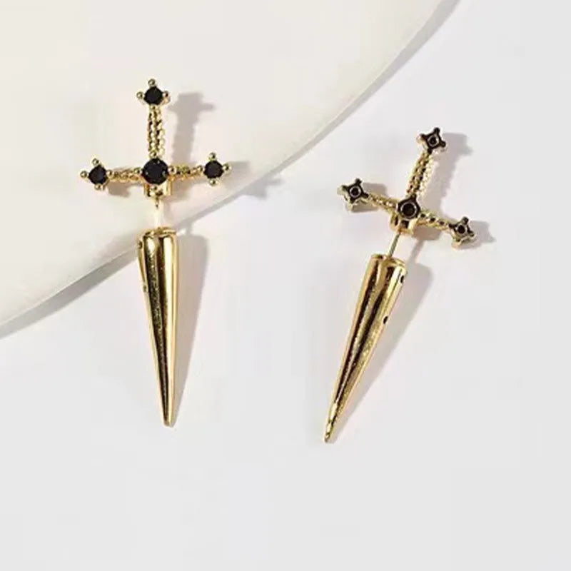 2pcs Gothic Kinitial Sword Stud Earrings, Vintage Cool Punk Crystal Ear Jacket Goth Dagger Earrings Jewelry Gift For Women