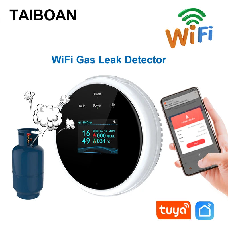 Detector de fugas de gas natural con WiFi, alarma de seguridad contra incendios, control por aplicación Tuya, pantalla LCD inteligente para el hogar