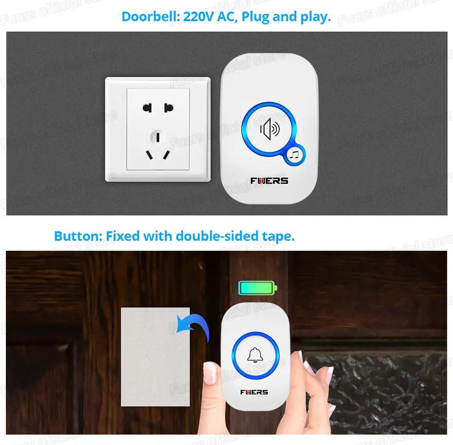 Timbre inalámbrico Fuers, timbre de bienvenida a prueba de agua, timbre de puerta inteligente con 32 canciones, alarma inteligente con batería para tienda y hotel