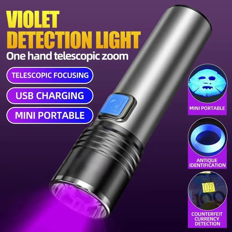 USB Rechargeable UV Flashlight For Pet Urine Detection Resin Cured 395nm UV Flashlight Black Light Zoom