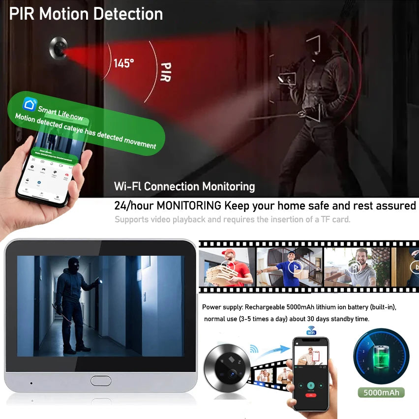 4.3 Inch WiFi Peephole Tuya Smart 1080P WiFi Peephole Video Camera Home Security Night Vision Video Door Camer