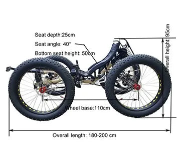 Bicicleta eléctrica reclinada de cuatro ruedas para caza, potente, nueva, de 500 vatios y doble motor central, con neumáticos anchos, 2023