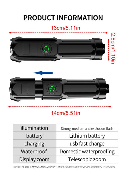 Powerful LED Flashlight Rechargeable USB 18650 Waterproof Zoom Fishing Hunting Camping 100,000 Lumens Tactical Flashlight LED FL