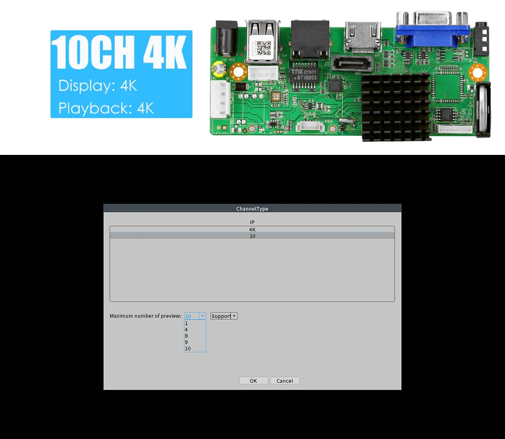 Grabadora de vídeo digital DVR en red H.265 9 canales 4K NVR Cámara IP Detección de movimiento máxima de 8T CMS XMEYE SATA Línea P2P Nube