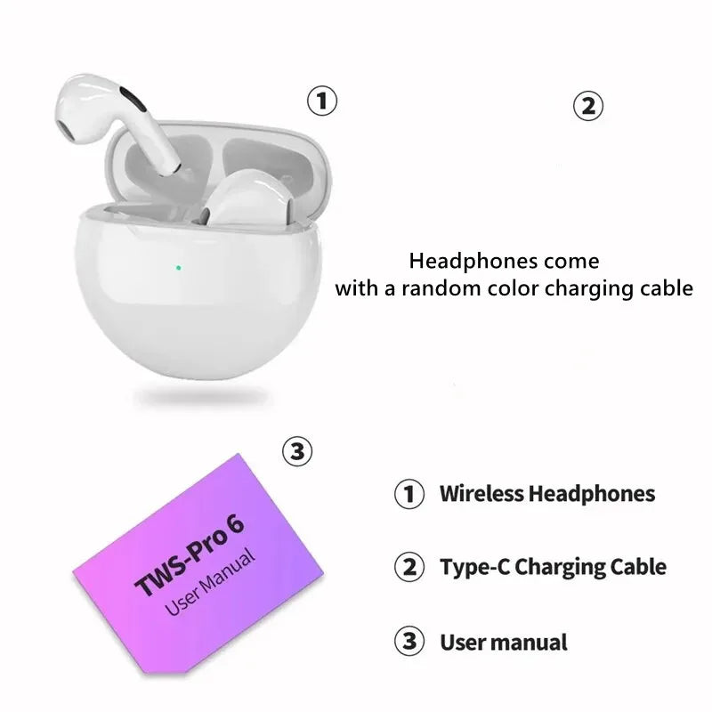 Original Air Pro 6 TWS Wireless Bluetooth Headset 5.3 Headphone Mini Earphone with Mic Charging Box for Xiaomi iPhone Earbuds