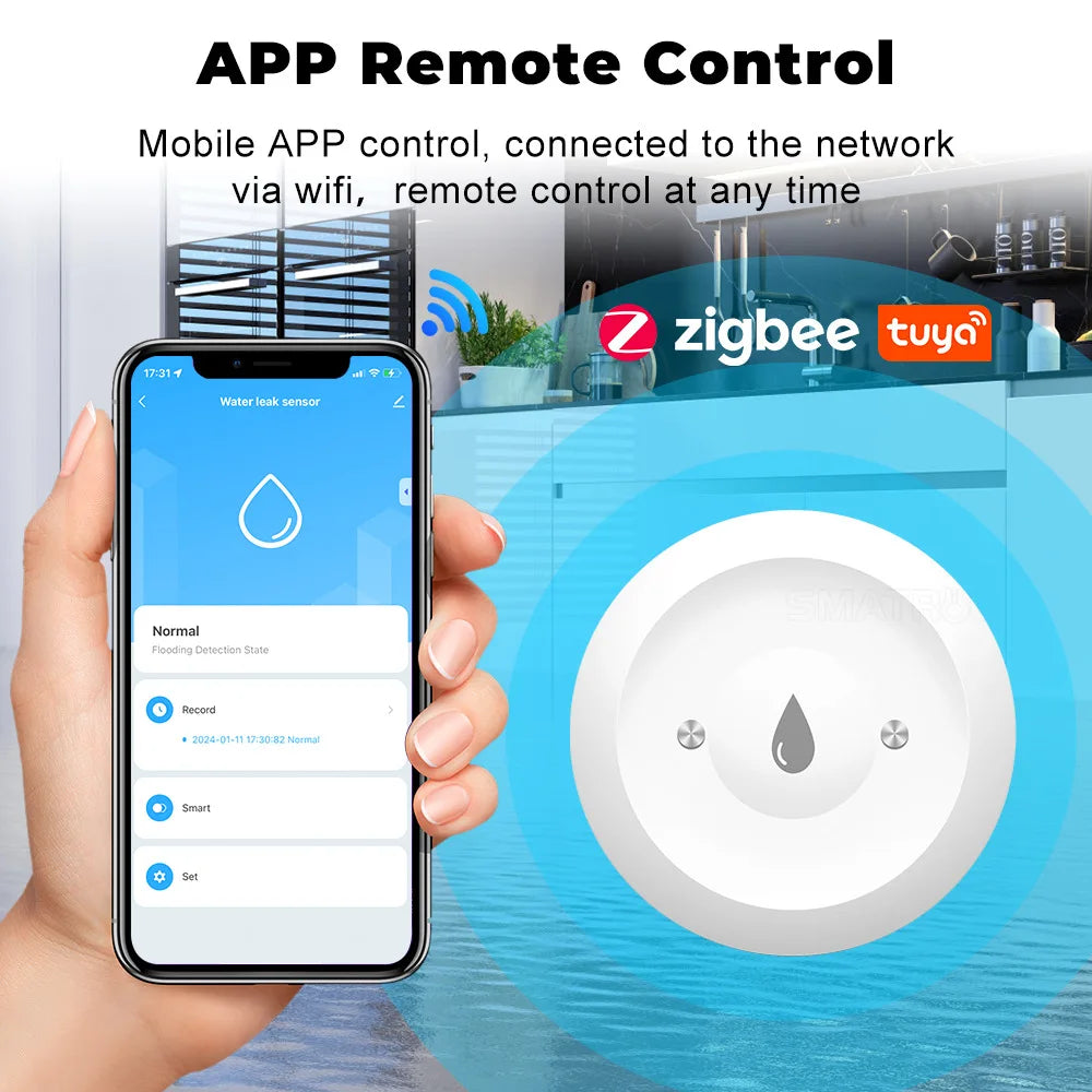 Tuya Smart for Zigbee Water Sensor Flood Water Leakage Detector App Remote Monitoring Support Home Assistant Zigbee2mqtt