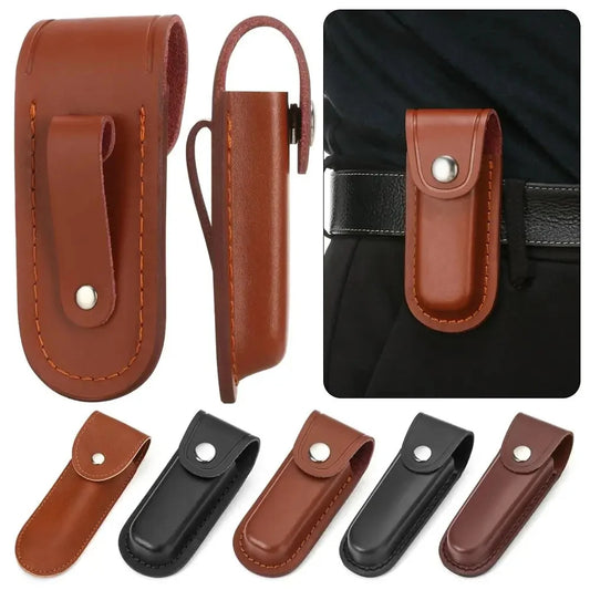 Funda de cuero para cuchillo plegable, funda para linterna portátil, funda para cinturón, funda de bolsillo para caza, campamento, transporte al aire libre