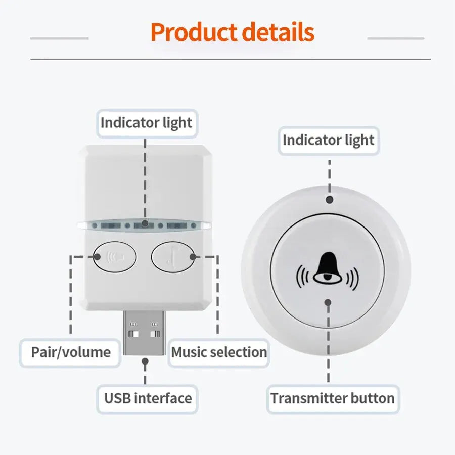 Timbre inalámbrico para el hogar, exterior, USB, CC, 5 V, RF, 433 MHz, emparejamiento, control remoto, 30 timbres, ajuste de volumen, llamada de atención en la cama