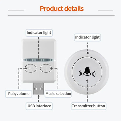 Timbre inalámbrico para el hogar, exterior, USB, CC, 5 V, RF, 433 MHz, emparejamiento, control remoto, 30 timbres, ajuste de volumen, llamada de atención en la cama