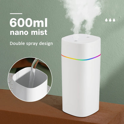 Air Humidifier USB Double Spray Port Essential Oil Aromatherapy Mute Atomizer Portable Colorful Lights 600ML Mini Humidifier