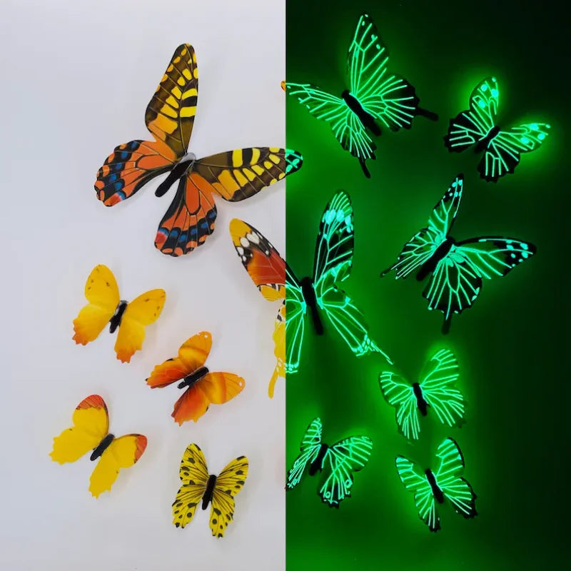 Nuevo 12 piezas de pegatinas de pared creativas de mariposa luminosa 3D de moda para bricolaje, pegatinas de pared modernas, arte de pared, decoraciones para el hogar, regalo DIY