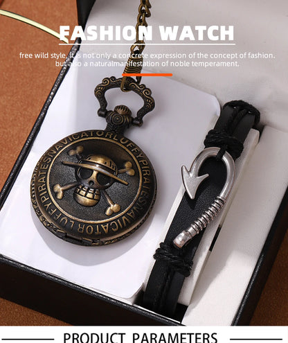 Retro Punk Pirate Captain Double Knife Quartz Pocket Watch with Necklace Chain Pendant Bracelet Gift for Male Men Vintage Clock