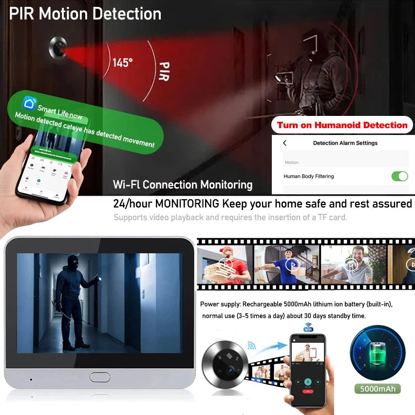 4.3 Inch WiFi Peephole Tuya Smart 1080P WiFi Peephole Video Camera Home Security Night Vision Video Door Camer