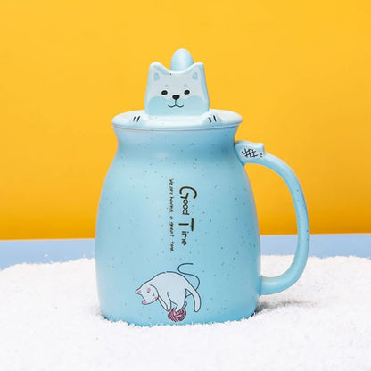 Taza creativa resistente al calor con forma de gato de colores, taza de dibujos animados de 450 ml con tapa, taza de cerámica para café con gatito, taza para niños, taza para beber de oficina, regalo