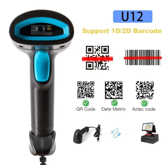 CMOS Image 1D 2D Wired Barcode Scanner 640x480 Pixels High-precision Handheld Bar Code Reader U12 For Inventory Management