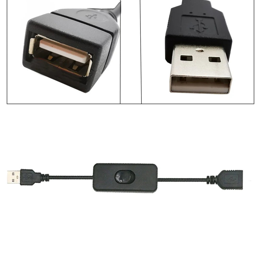 Cable USB de 2 piezas con interruptor de encendido/apagado, cable de extensión para lámpara USB, cable de alimentación para ventilador USB, adaptador duradero, auriculares USB, LED