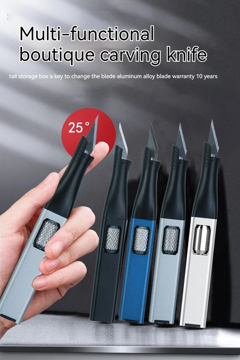 Pen-shaped DIY aluminum handle carving knife comes with 5 horseshoe art blades that can be replaced by yourself，outdoor knives