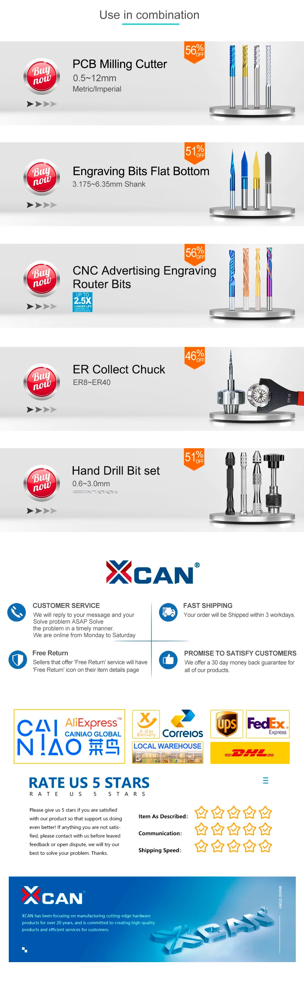 XCAN 10 piezas/juego de brocas mini para PCB de carburo de tungsteno de acero de 0,3 mm a 1,2 mm para máquina de brocas CNC para circuitos impresos