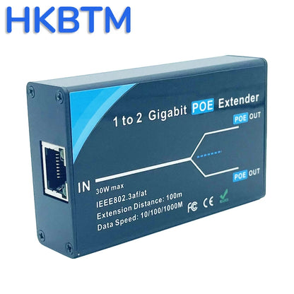 HKBTM Gigabit 2 Port POE Extender, IEEE 802.3af/at PoE+ Standard, 10/100/1000Mbps, POE Repeater 100 meters(328 ft), Extender