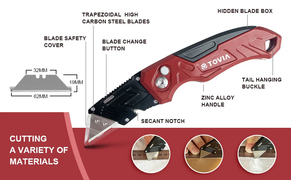 T TOVIA Folding Knife Replaceable Utility Knife for Cable Cartons Carboard Boxes Cutter Handle Knife Blades Outdoor Hand Tool