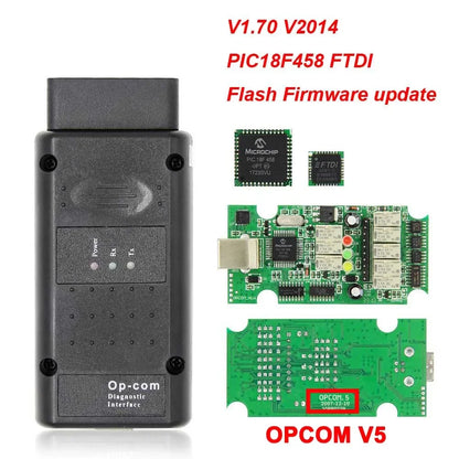 OPCOM V5 para Opel 2021 OP COM 1.70 actualización de firmware flash Cable de diagnóstico de coche OP-COM PIC18F458 CAN BUS OBD 2 OBD2 Herramientas automáticas