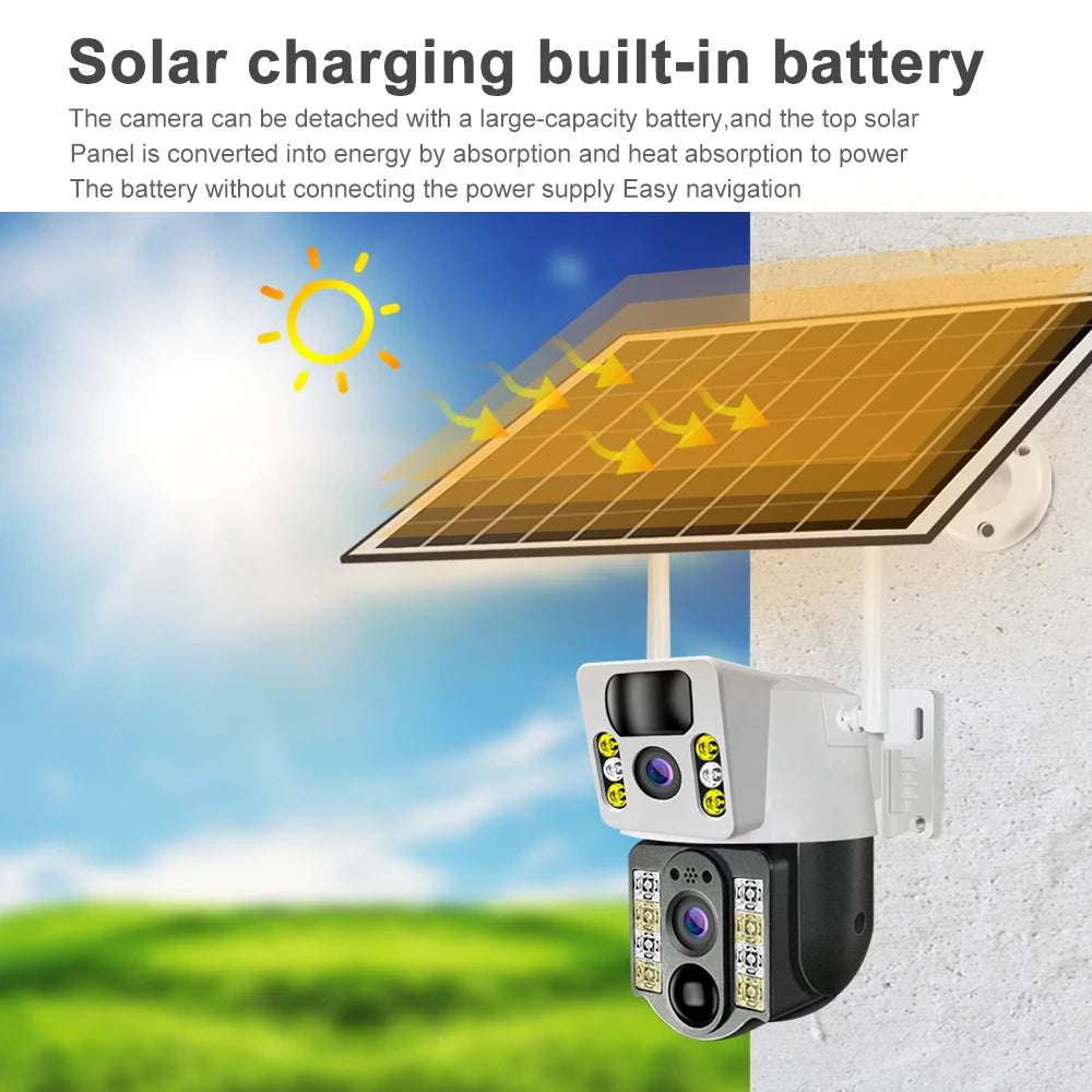 8MP 4K Wireless Solar Camera 4G Sim Outdoor Dual Lens Wifi IP Camera PIR Night Vision V380 Pro CCTV Security Protection Monitor