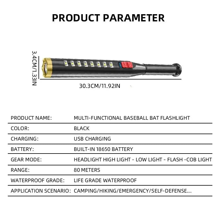 Strong Light Flashlight Cross-border Outdoor USB Charging Security Patrol Cob Baseball Bat Flashlight