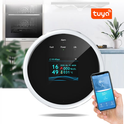 Detector de fugas de gas natural con WiFi, alarma de seguridad contra incendios, control por aplicación Tuya, pantalla LCD inteligente para el hogar