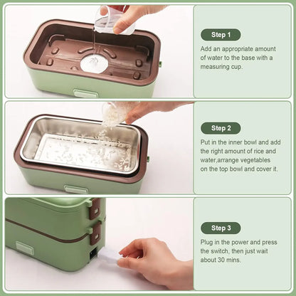 Self Cooking Electric Lunch Box, Portable Food Warmer for On-the-Go,Rice Cooker 2 Layers 800ML Heated Lunch Box for Home Office