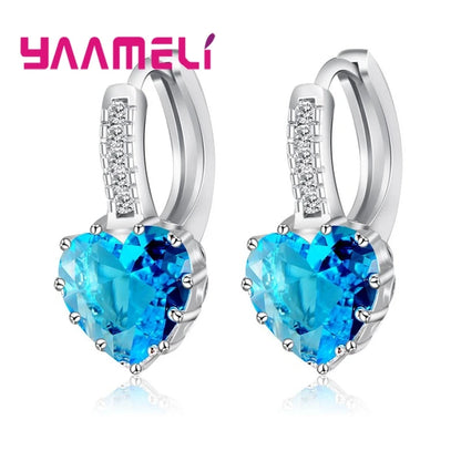 Romantic Heart Crystal Loop Lever Back Earring Austrian Cubic Zircon 925 Sterling Silver Hoop Jewelry for Women Fashion