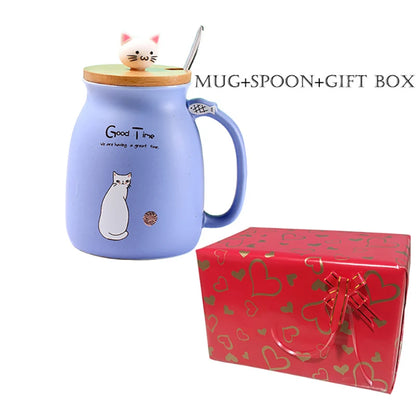 Creative color cat heat-resistant Mug cartoon with lid 450ml cup kitten coffee ceramic mugs children cup office Drinkware gift