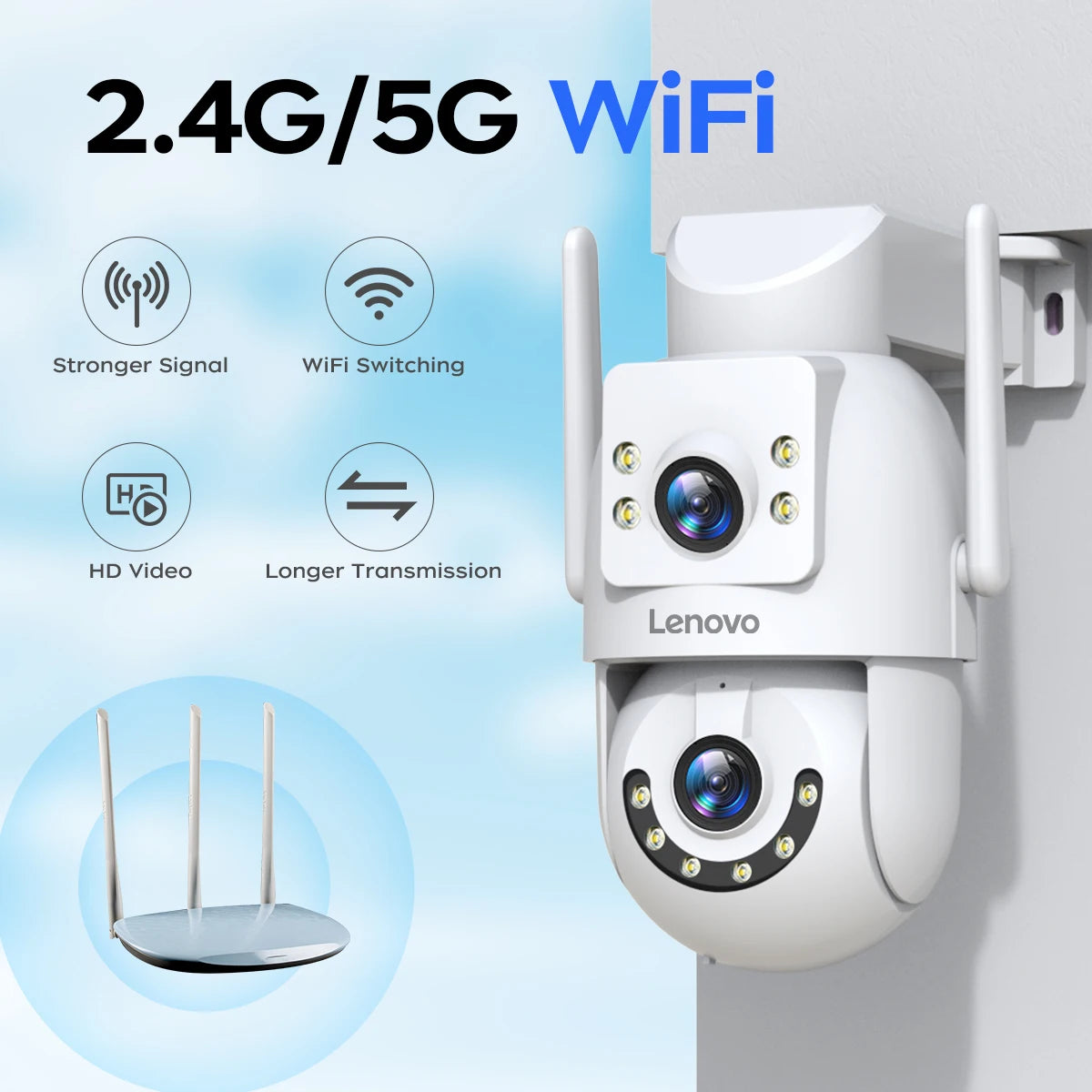 Lenovo 4K WiFi Surveillance Camera 5G Wifi Outdoor Dual Lens PTZ IP Cameras Auto Tracking Audio Video ONVIF Security CCTV Camera