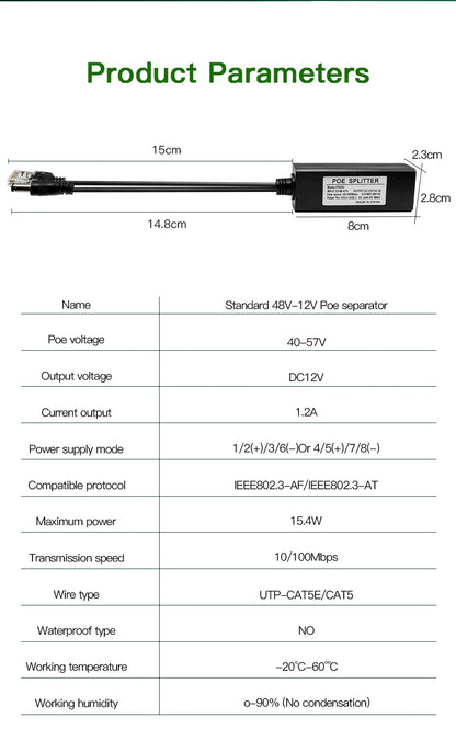 Standard POE Splitter 48V to 5V 12V 1.2A 2A Micro USB tpye-C 100M/1000M POE Camera Injector Power Supply for Huawei Hikvision