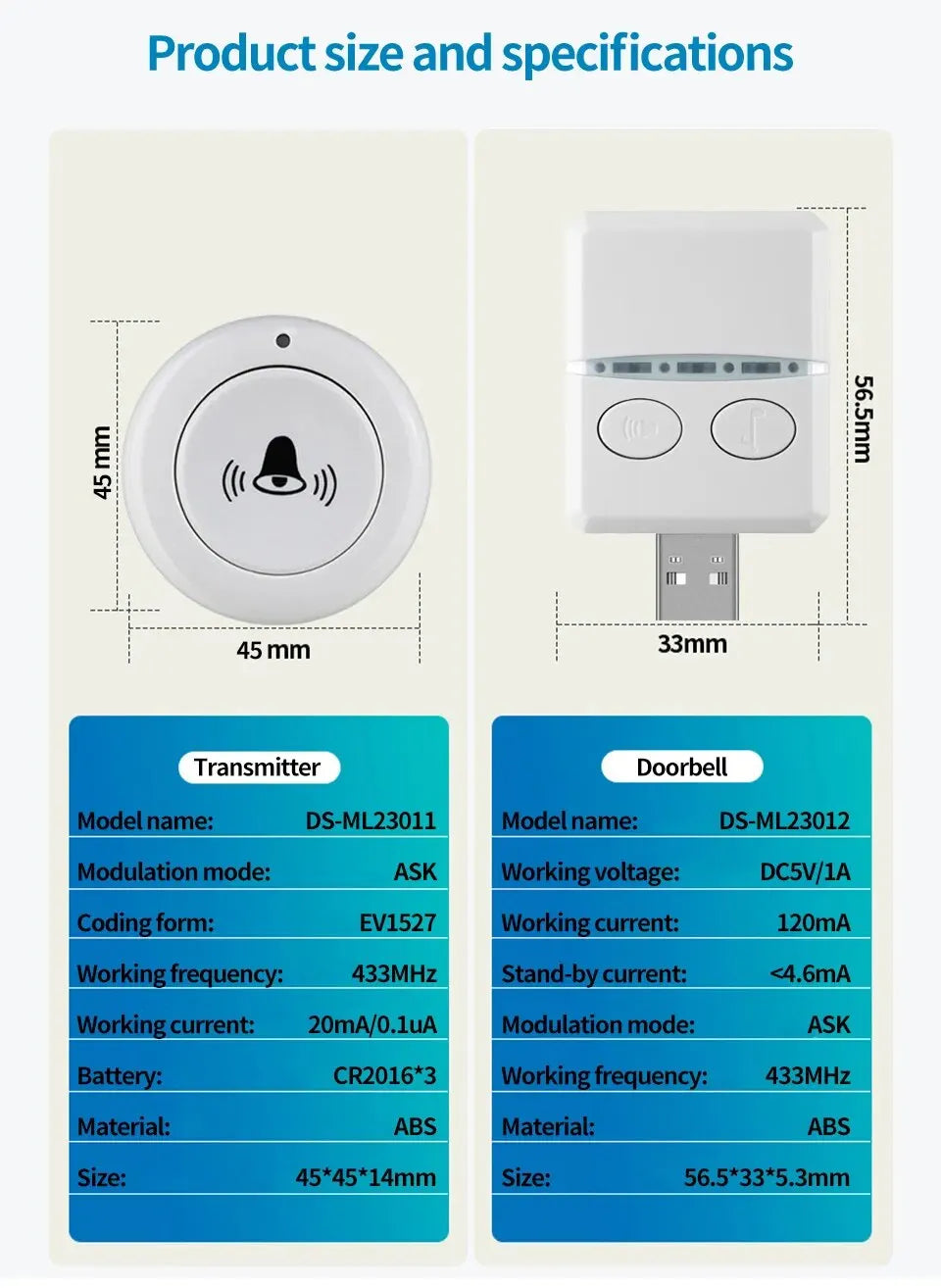 Timbre inalámbrico para el hogar, exterior, USB, CC, 5 V, RF, 433 MHz, emparejamiento, control remoto, 30 timbres, ajuste de volumen, llamada de atención en la cama