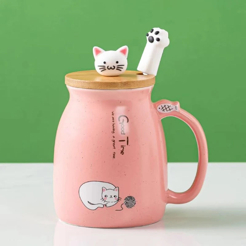 Taza creativa resistente al calor con forma de gato de colores, taza de dibujos animados de 450 ml con tapa, taza de cerámica para café con gatito, taza para niños, taza para beber de oficina, regalo