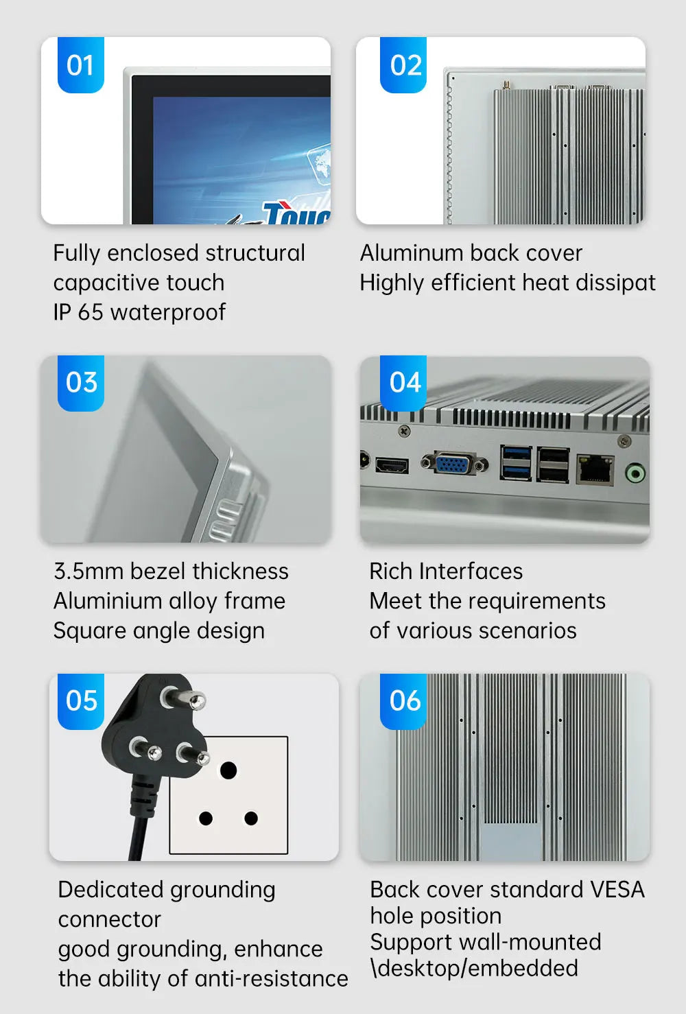 8~21.5 inch Touch Screen IP65 Front Waterproof, All in One Industrial Embedded Panel PC with 10 Point PCAP TouchScreen Monitor