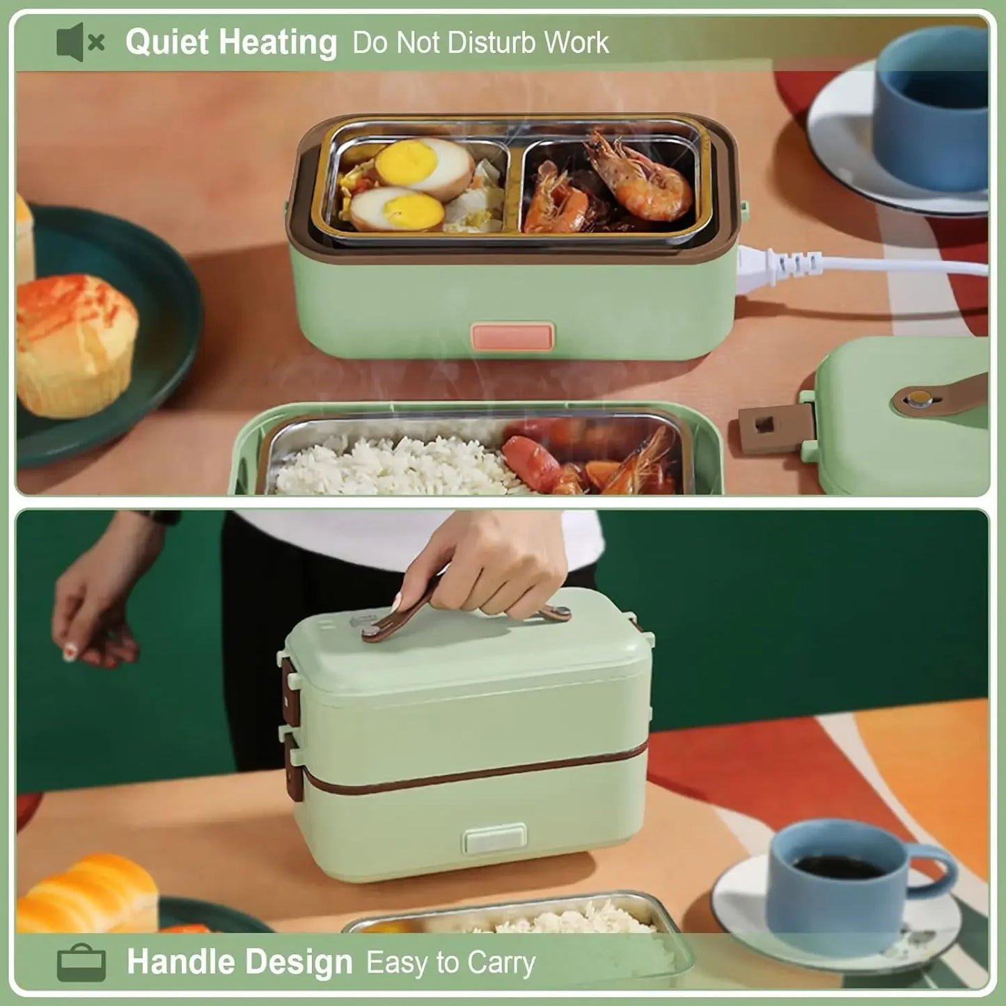 Self Cooking Electric Lunch Box, Portable Food Warmer for On-the-Go,Rice Cooker 2 Layers 800ML Heated Lunch Box for Home Office