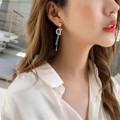 Bead Tassel Long Simple Earring Trend Gold Color Crystal Letter D Earrings Elegant Jewelry Accessories