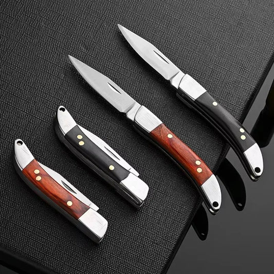 Navaja de bolsillo EDC para acampar, cuchillo plegable con mango de madera, mini cuchillo con llavero, cuchillo de acero inoxidable, perfecto para pescar al aire libre