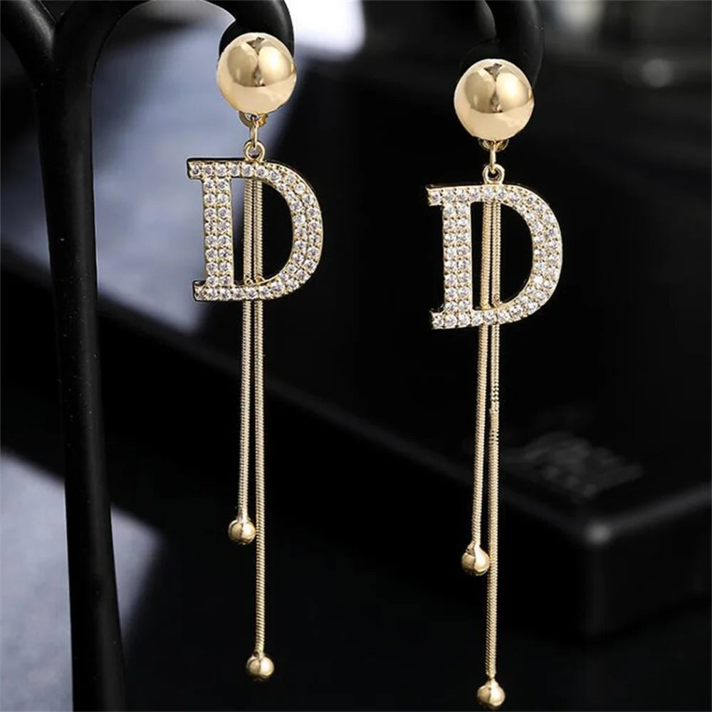 Bead Tassel Long Simple Earring Trend Gold Color Crystal Letter D Earrings Elegant Jewelry Accessories