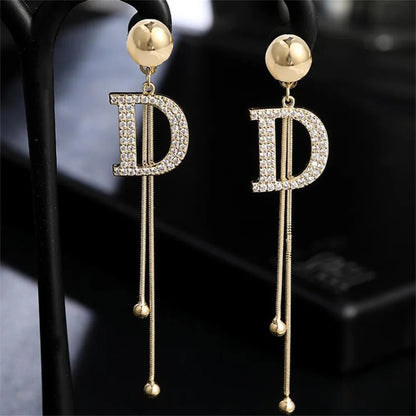 Bead Tassel Long Simple Earring Trend Gold Color Crystal Letter D Earrings Elegant Jewelry Accessories